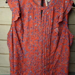 Elle Coral Sleeveless Ruffle Blouse with Blue Floral Motif